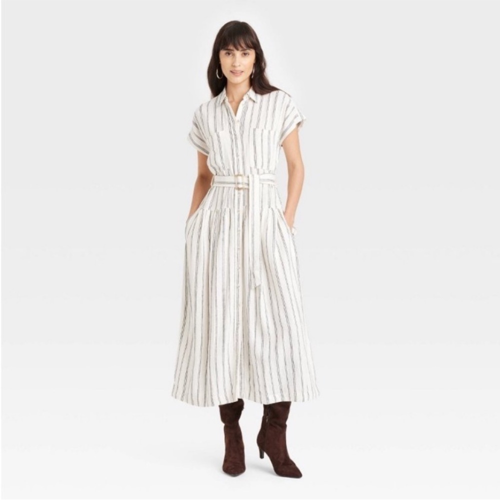 Universal Thread Striped Cream and Navy Midi Linen Shirt Dress with Belt NWT L